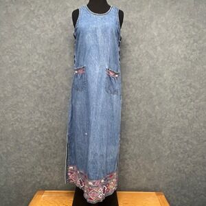 Carolina Blues Denim Maxi Dress Embroidered & Hem Sleeveless Casual Sz‎ S *FLAWS